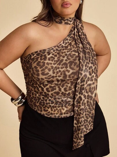 SHEIN BAE 夏季海滩度假大码服装 节日服装 派对聚会 约会旅行 外出玩乐上衣 豹纹露背上衣 不对称上衣 千禧年风格服装