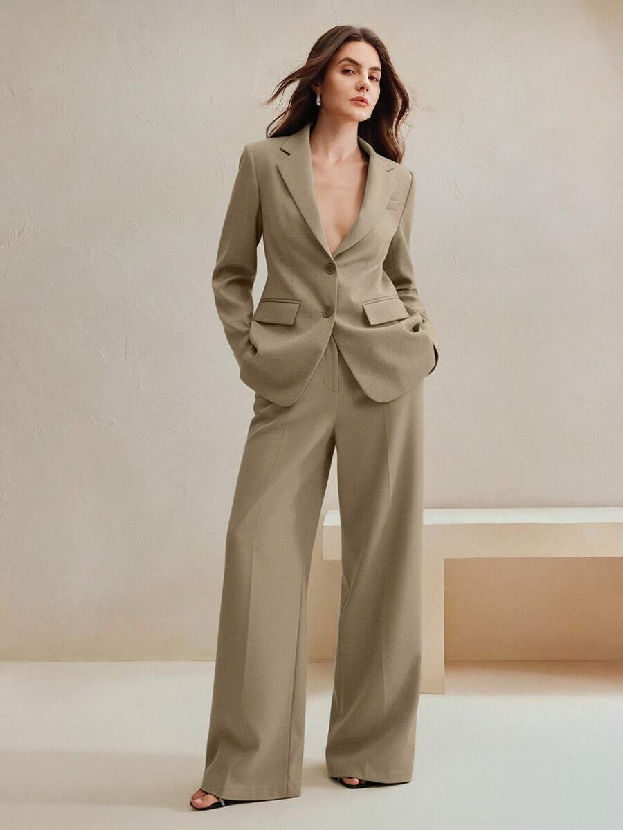Anewsta 2pcs Women's Suit Set, Vintage Style Blazer Jacket & Straight Leg Pants, Maillard Color - Khaki - View 1