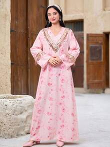 SHEIN Teen Girl Casual Vacation Ditsy Floral Sequin Tassel Decor Flare Sleeve Dress, Spring/Summer - Pink - View 3