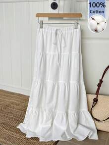 Tseoso 100% Cotton Women's Casual Holiday Multi-Layer Cake Hem Skirt, Summer White Tiered Long Drawstring Skirt, Chic Spring Summer Outfit, Sexy Cute Coconut Girl, Boho, Music Festival, Going Out, Island Girl Vintage, Seaside Vacation, Romantic, Vacay Vibes - Multicolor - View 7
