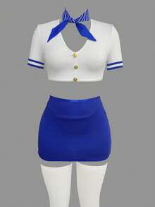 6pcs Set: Stewardess Top, G-String, Tight Mini Skirt, Scarf, 2 Pairs Of Socks