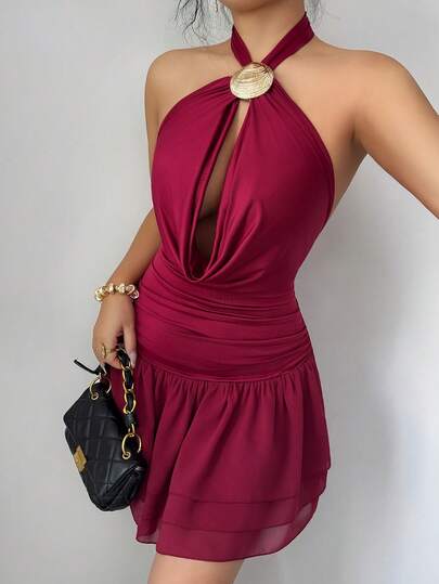 Rafferiza 时尚性感垂褶领针织拼接交叉连衣裙，酒红色，适合晚礼服、情侣约会、写真拍摄。