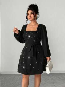 SHEIN Elenzya Elegant Plus Size Black Square Neck Dress With Pearls Long Puff Sleeves And Flared Hem Short A Line Woven Fabric Dress - Black - View 5