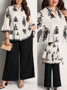 Comfylo Plus Size 2 Pieces Set: Casual Black Shirt And Pants, Autumn Boho Outfits For Women, Elegant Birthday Party Vacation Valentine's Day - Multicolor - View 4