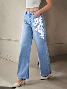 Selenza Women's Graphic Print Slant Pocket Casual Versatile Jeans Wide Leg Jeans Woman Jeans With Designs Flower Jeans Cowboy Pants For Women Cowgirl Jeans - Blue - View 2