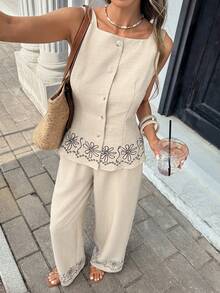 SHEIN Frenchy 女士印花单排扣背心和裤子休闲两件套 - 杏色 - 查看 4