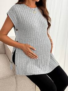 SHEIN Maternity Casual Minimalist Side Button Rib Knit Tank Top, Summer - Grey - View 5