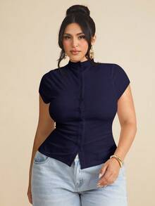 SHEIN BAE Áo thun tay ngắn dệt kim co giãn cổ đứng cài nút phía trước cỡ lớn dành cho nữ, mùa hè - Màu xanh hải quân - Xem 1
