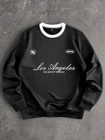 GENTILAND Men's Letter Print Contrast Trim Crew Neck Long Sleeve Pullover Sweatshirt