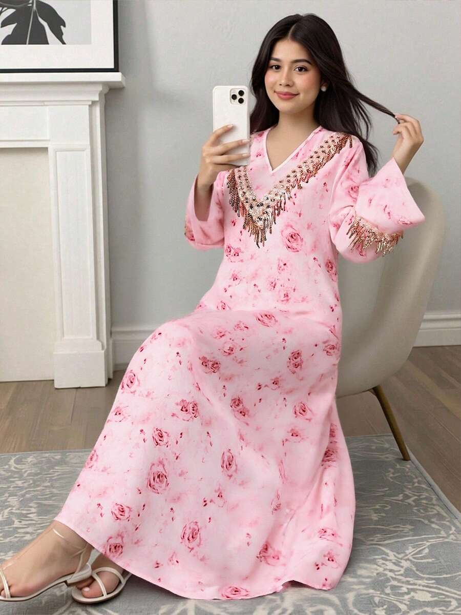 SHEIN Teen Girl Casual Vacation Ditsy Floral Sequin Tassel Decor Flare Sleeve Dress, Spring/Summer - Pink - View 1