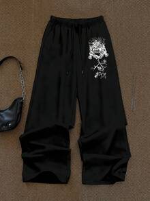 Attitoon Quần nỉ thể thao nữ màu đen thoải mái, rộng rãi, buộc dây phía trước, phong cách vintage punk Y2K đa năng, thích hợp cho các bữa tiệc, sân bay, họa tiết hoa trái tim và chữ cái tiếng Anh in mờ, phù hợp cho mùa thu/đông, mùa tựu trường và lễ hội. - màu đen - Xem 4