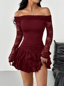SHEIN EZwear Đầm trễ vai màu đỏ rượu vang phối ren và lưới dành cho nữ - Màu Đỏ Sâu - Xem 7