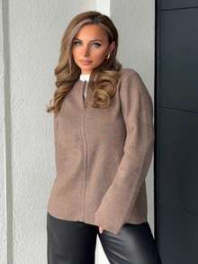 Jeta Ari Cardigan casual unicolore pour femmes, polyvalent pour l'automne/l'hiver - Kaki - Voir 4