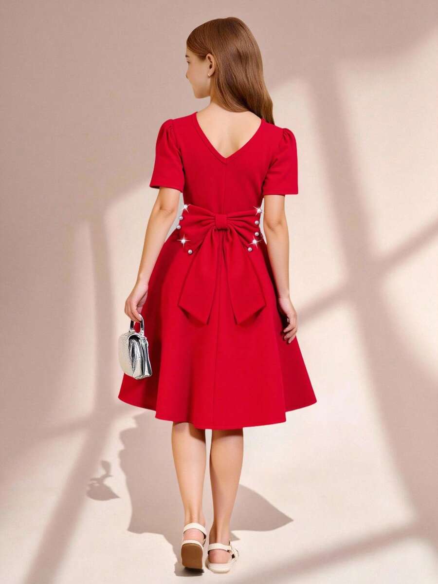 Tween GirlsSummer Wine Red Puff Sleeve Midi Dress With Bow & Pearl Decor, Fashionable, Comfortable, Elegant For Party - Red - View 1