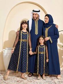 عباياتabaya
جلابياتjalabiya
جلابيه 
الملابس التقليدية العربية,Young Girl Gold Polka Dot Sleeveless Dress With Black Mesh Overlay, Dress Trimmed With Gold Edging, Suitable For Holidays Or Formal Occasions, Girls Navy Blue Abaya, Kids Arabic Dress, Kids Party Wear Dresses, Dark Blue Dress For Girls - Multicolor - View 3