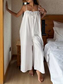 DAZY Vacation Style Frill Trim Striped Textured Fabric Jumpsuit For Women - White - View 8