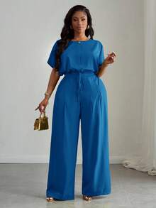 Slaydiva 春夏新款优雅通勤/派对/夜店/户外绿色宽松落肩抽绳下摆露脐上衣和阔腿口袋裤女式加大码两件套 - A，夏季瑜伽连体裤工作服女装高个女装女式办公室工作服女装 - 水鴨藍 - 查看 7