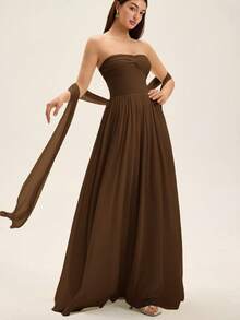 EMERY ROSE Twist Decor Bandeau Long Flowy Mesh Dress - Coffee - View 3