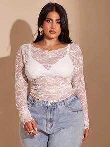 SHEIN BAE 大码女式蝴蝶结装饰蕾丝衬衫，性感不对称透视正式派对上衣，适合情人节、夏季、生日等场合，展现曲线身材 - 白色 - 查看 6