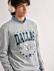 Open Phase Men's Casual Street Versatile Dallas Football Sports Element Print Crew Neck Pullover Sweatshirt, Long Sleeve Top Spring To Summer - Grey - View 6