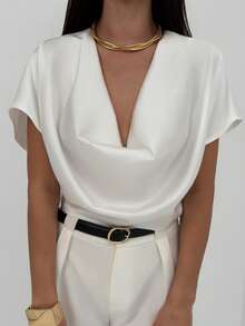 Aloruh Women's Cowl Neckline Short Sleeve Casual/Work Blouse, Spring Women - White - View 4