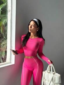 Women's Casual Sports Running & Fitness T-Shirt & Leggings Set - Hot Pink - View 7