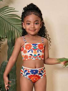 Travachic KIDS 两件套女童几何图案针织泳衣上衣和短裤套装 - 彩色 - 查看 3