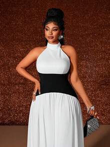 Maweii Plus Size Women's Black And White Autumn Elegant Formal Round Neck Contrast Color Block Flared Hem Mushroom Button Dress For Commute,Casual Outings - Black and White - View 6