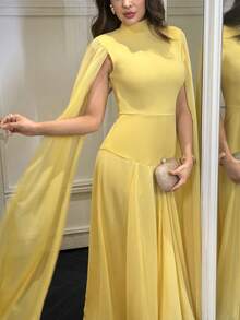 Modelyn Đầm tay cape màu trơn thanh lịch dành cho nữ, thích hợp dự tiệc. - Màu vàng - Xem 5