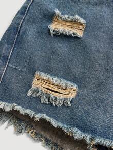 SHEIN Girlism Pantalones cortos vaqueros azules rasgados y deshilachados de estilo casual de verano para niñas preadolescentes, conjuntos de primavera, atuendos de rave, festivales y uso diario - Azul - Ver 4