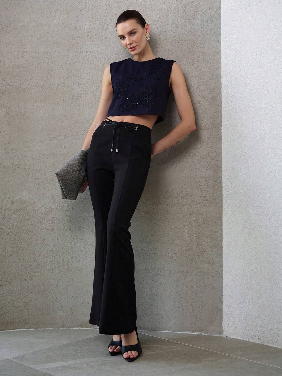 MOTF PREMIUM WOMEN'S WAIST TIE DETAIL SLIMMING FLARE LEG PANTS, SPRING/SUMMER - Black - View 1