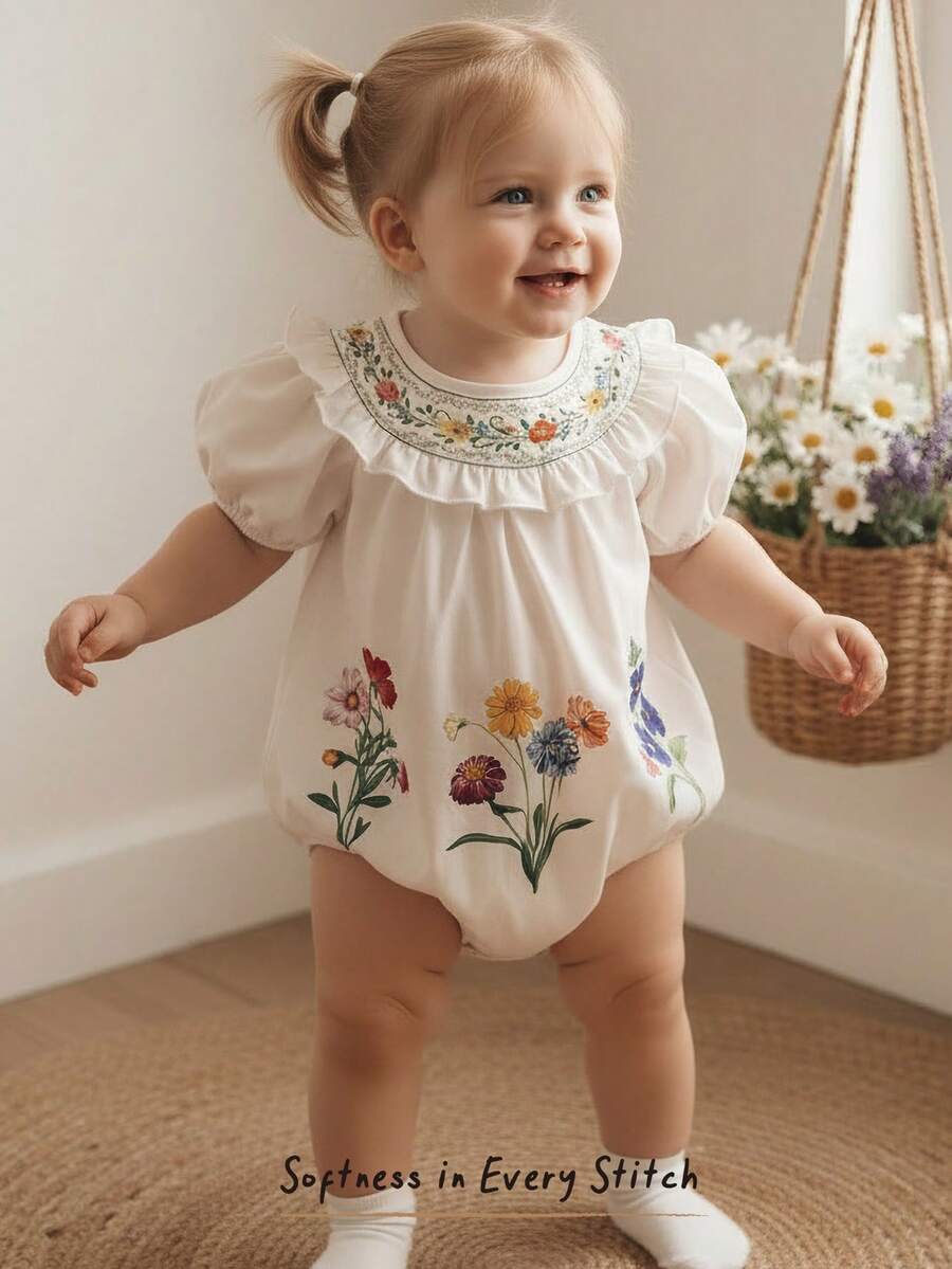 Cozy Pixies 女婴碎花圆领荷叶边泡泡袖连体衣