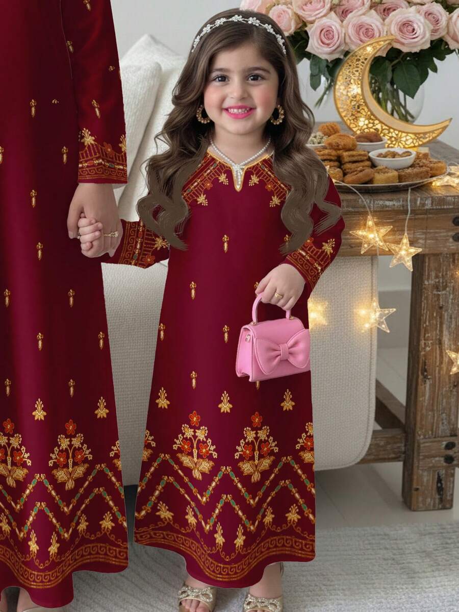 经典金色花卉印花优雅复古连衣裙,华丽印花图案,休闲简约少女连衣裙,适合春夏穿着,可作祈祷长袍,舒适易穿,休闲百搭,充满度假风情,端庄卡夫坦长袍,阿拉伯长袍 - 白色 - 查看 1