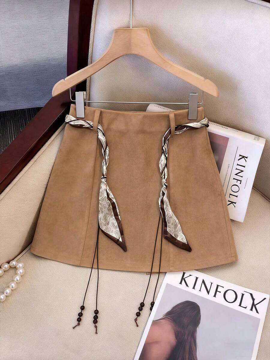 Franclia 女士麂皮A字修身腰带复古休闲半身裙 - 棕色 - 查看 1