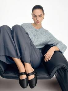 Women's New Round Toe Square Heel Backless Mary Jane Flats, Black, Versatile & Elegant - Black - View 2