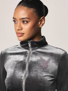 Missguided x Playboy Fitted Crop Velour Sweatshirt With Rhinestone Text Front Zip Closure Long Sleeve Fashion Top Winter Fall - Grey - View 4