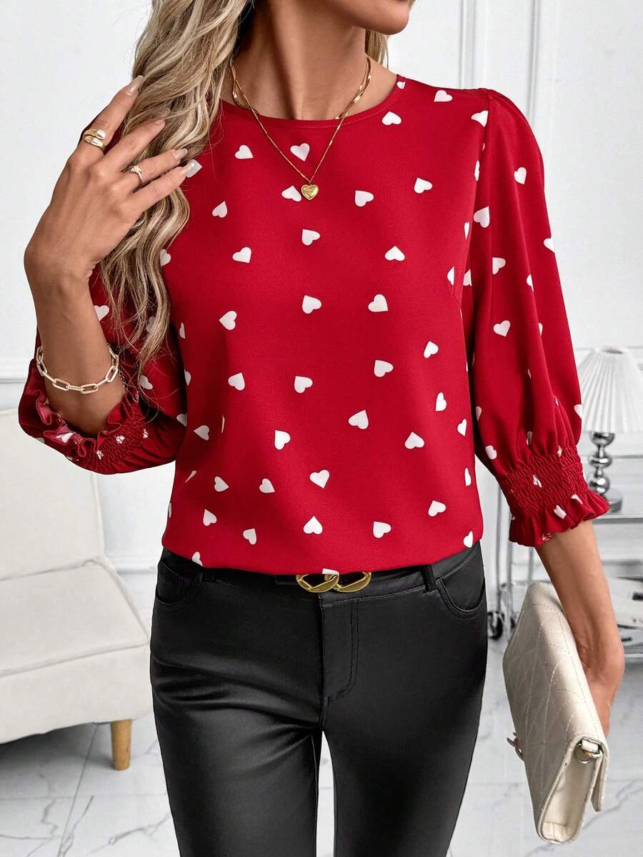 SHEIN Clasi 女士休闲爱心印花圆领七分袖衬衫 - 紅色 - 查看 1