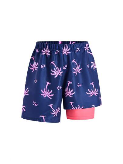 SHEIN Kids/Young Boys' Casual Versatile Comfortable Loose Fit Coconut Tree Print Patchwork Lining Swim Trunks Beach Shorts