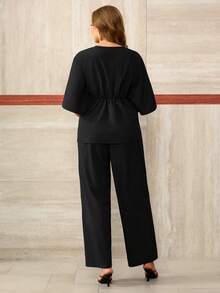 Roveilla 大码女装两件套 - 蕾丝边收腰上衣和阔腿裤 - 黑色 - 查看 2