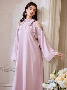 Al Najma 女士3D立体花卉装饰露肩长袖阿拉伯风格连衣裙 - 粉色 - 查看 8