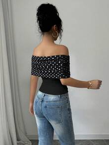 SHEIN Raffinéa Women's New French Elegant Casual Chic Black Polka Dot Patchwork Slim Fit T-Shirt Top, Flattering - Black - View 2