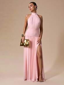 SHEIN BAE 纯色褶皱露背高开衩优雅长裙，适合鸡尾酒会、浪漫约会、聚会、正式活动、伴娘礼服、晚礼服、圣诞节、新年、情人节、夏季连衣裙、下午茶派对等场合。 - 粉色 - 查看 1