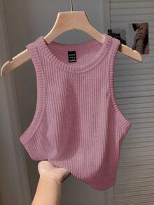 Comfortcana Áo tank top nữ màu trơn, chất liệu dệt kim, có gân, thích hợp mặc hàng ngày. Áo tank top dệt kim, áo len tank top cho nữ, áo len tank top, áo dệt kim, áo tank top ngắn cho nữ. - Hồng - Xem 3