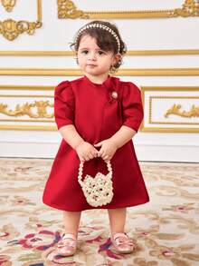 SHEIN Baby-Mädchen elegantes & süßes rotes Satinschleifen-Dekor Kurzarm-Kleid, Sommer - Rot - Übersicht 4