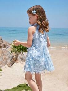 Young Girl Mandarin Collar Mesh Cutout Loose Casual Dress - Baby Blue - View 3