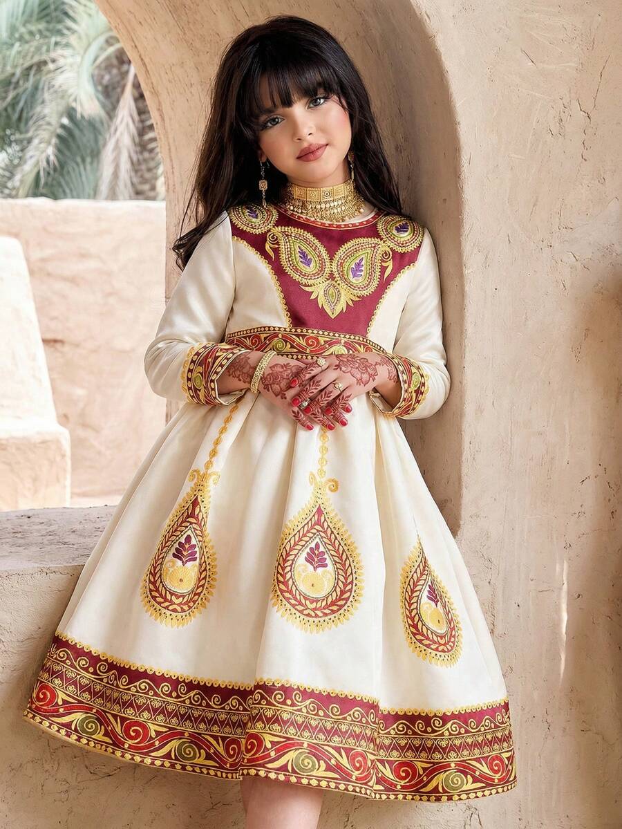 SHEIN 女童圆领休闲连衣裙 - 白色 - 查看 1