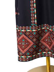 1pc  Geometric Print Robe For Girls, Round Neck Long Sleeve Tassel Waist Belt Decor Patchwork Design Abaya Dress Kids Arabic Dress Modest Long Sleeve Dresses For Girls - Black - View 7