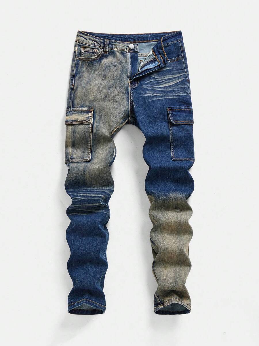 SHEIN Teen Boy Fashion Casual Y2k Vintage Cool Street Returns To School College Gradient Washable Workwear Pocket Design Denim Stretch Skinny Jeans Soft Dailywear And Kids Winter And Fall Raves Festival Ands Streetwear School Boys Graffiti Street Jeans - Dark Wash - View 1