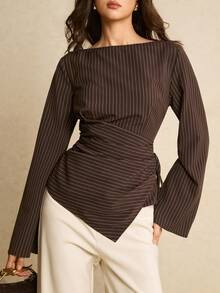 Poéselle Women's Casual/Office Commute Striped Print Boat Neck Flare Sleeve Ruched Side Tie Fitted Blouse, Spring/Autumn Dark Brown Top Striped Top Women Elegant Women's Blouses Spring Women - Khaki - View 1