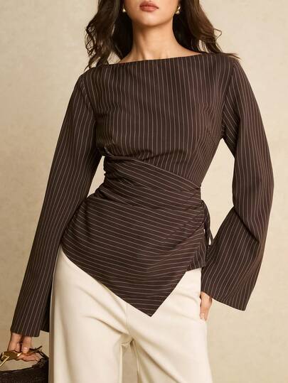 Poéselle Women's Casual/Office Commute Striped Print Boat Neck Flare Sleeve Ruched Side Tie Fitted Blouse, Spring/Autumn Dark Brown Top Striped Top Women Elegant Women's Blouses Spring Women
